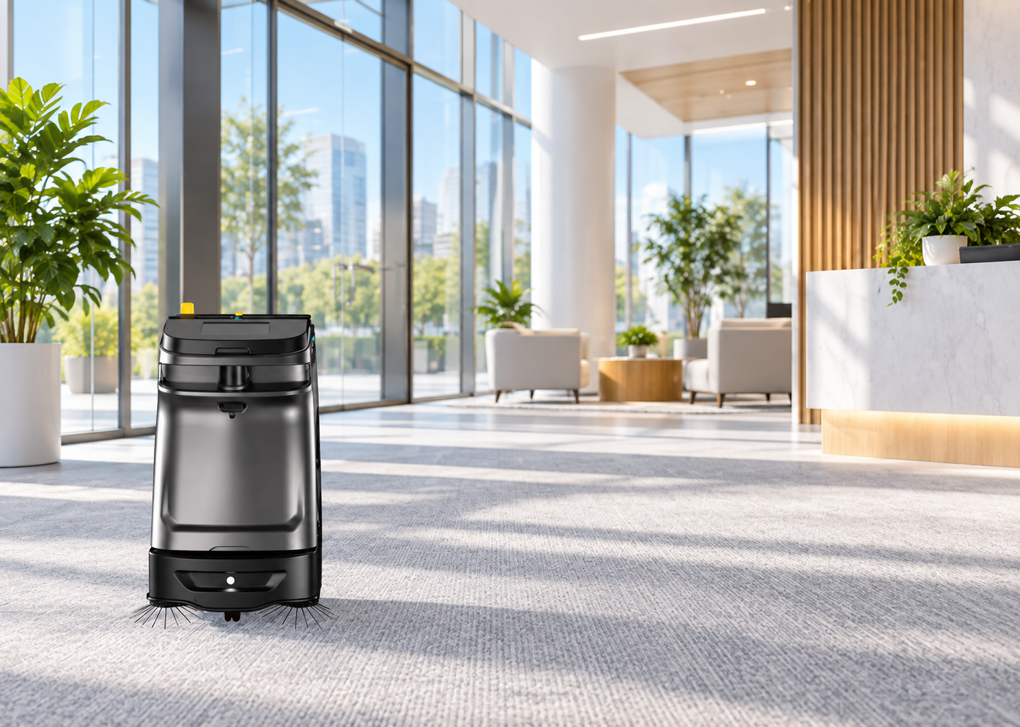 Aspirateur-balai autonome CenoBots SP50 dans un bureau avec tapis